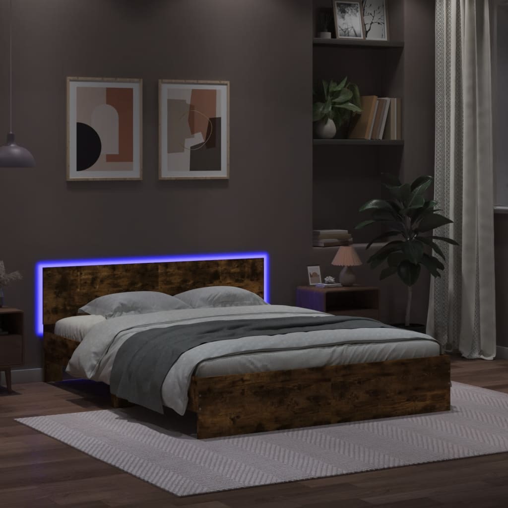 füstös tölgy színű ágykeret fejtámlával és LED-del 160 x 200 cm