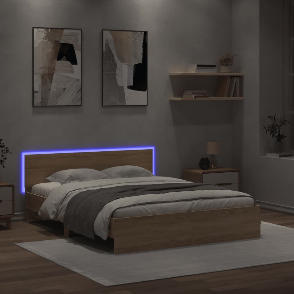 sonoma tölgy színű ágykeret fejtámlával és LED-del 150x200 cm