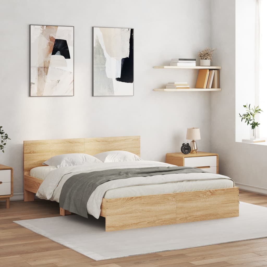 sonoma tölgy színű ágykeret fejtámlával és LED-del 150x200 cm