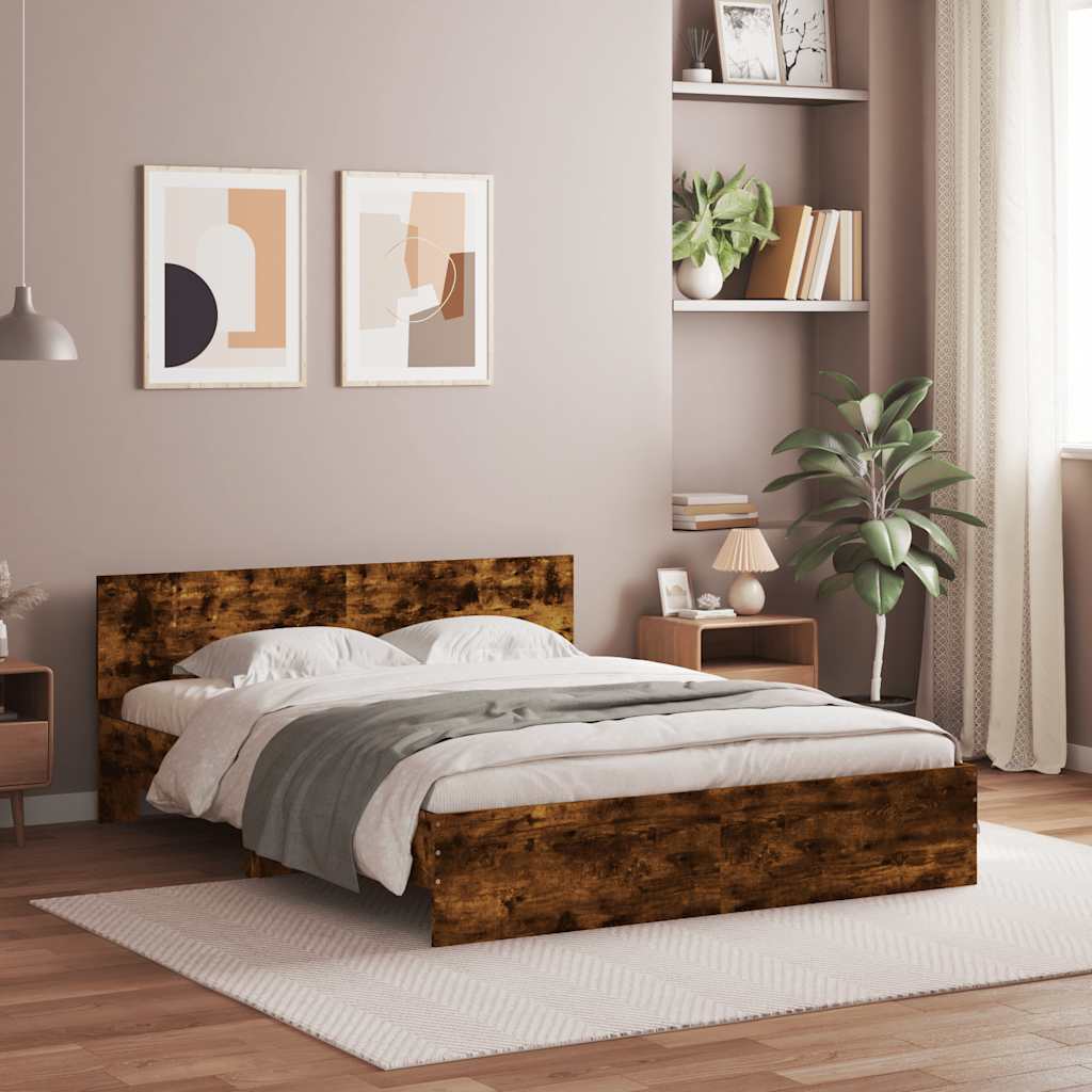 füstös tölgy színű ágykeret fejtámlával és LED-del 150x200 cm