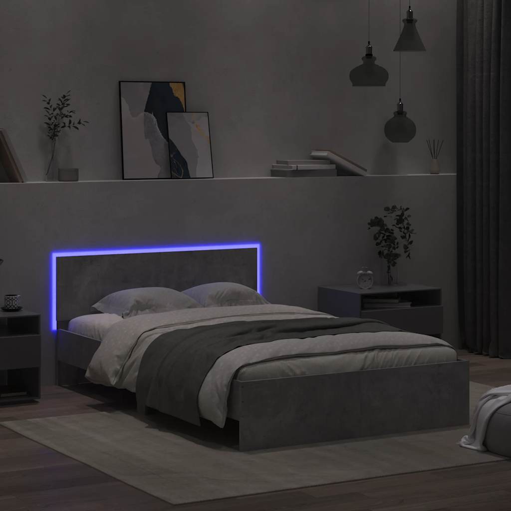 betonszürke ágykeret fejtámlával és LED-del 120x200 cm