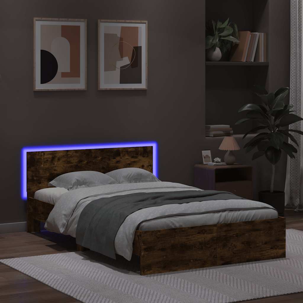 füstös tölgy színű ágykeret fejtámlával és LED-del 120x200 cm