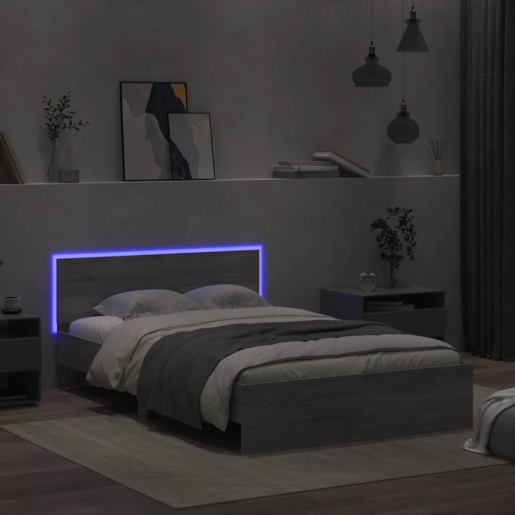 szürke sonoma színű ágykeret fejtámlával és LED-del 120x200 cm