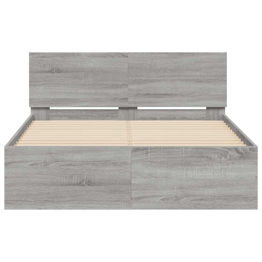szürke sonoma színű ágykeret fejtámlával és LED-del 120x200 cm