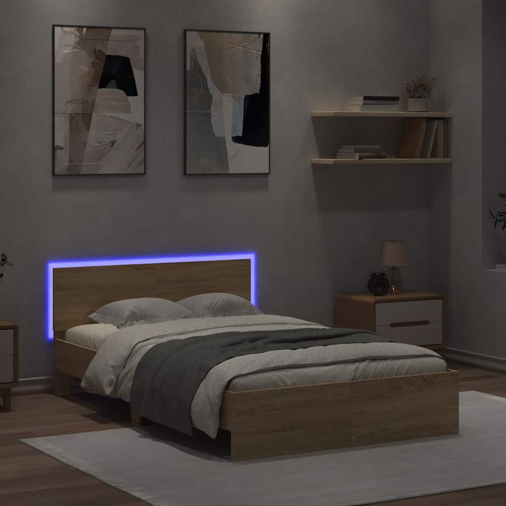 sonoma tölgy színű ágykeret fejtámlával és LED-del 140x190 cm