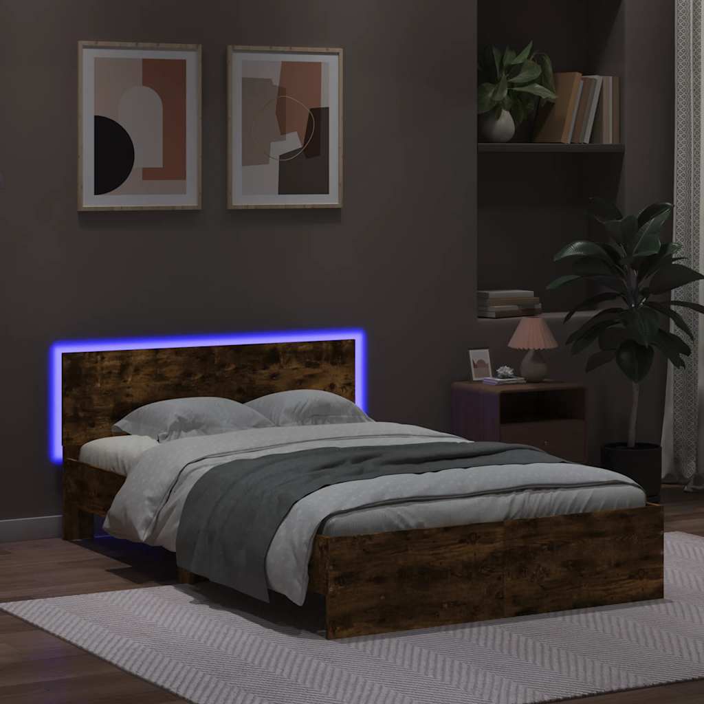 füstös tölgy színű ágykeret fejtámlával és LED-del 140x190 cm