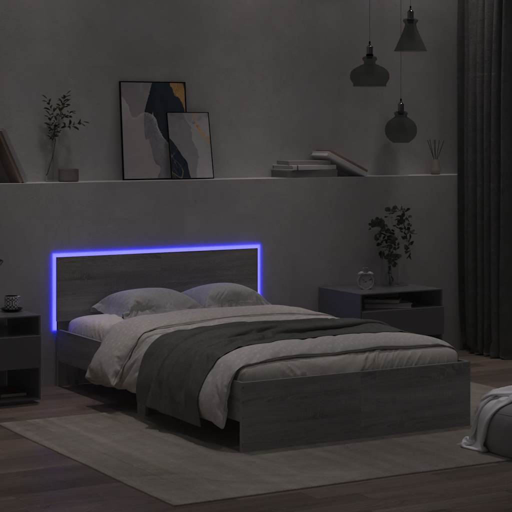 szürke sonoma színű ágykeret fejtámlával és LED-del 140x190 cm