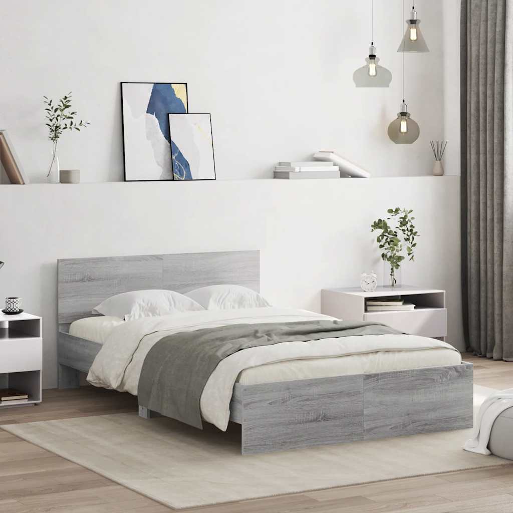 szürke sonoma színű ágykeret fejtámlával és LED-del 140x190 cm