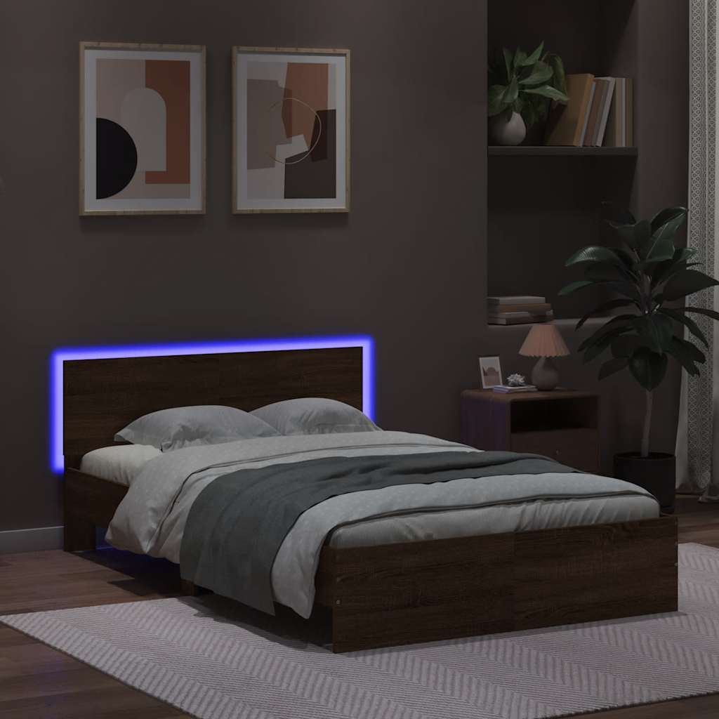 barna tölgy színű ágykeret fejtámlával és LED-del 140x190 cm