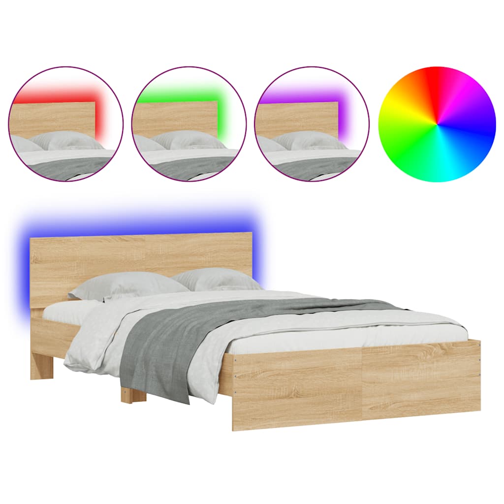 sonoma tölgy színű ágykeret fejtámlával és LED-del 135x190 cm