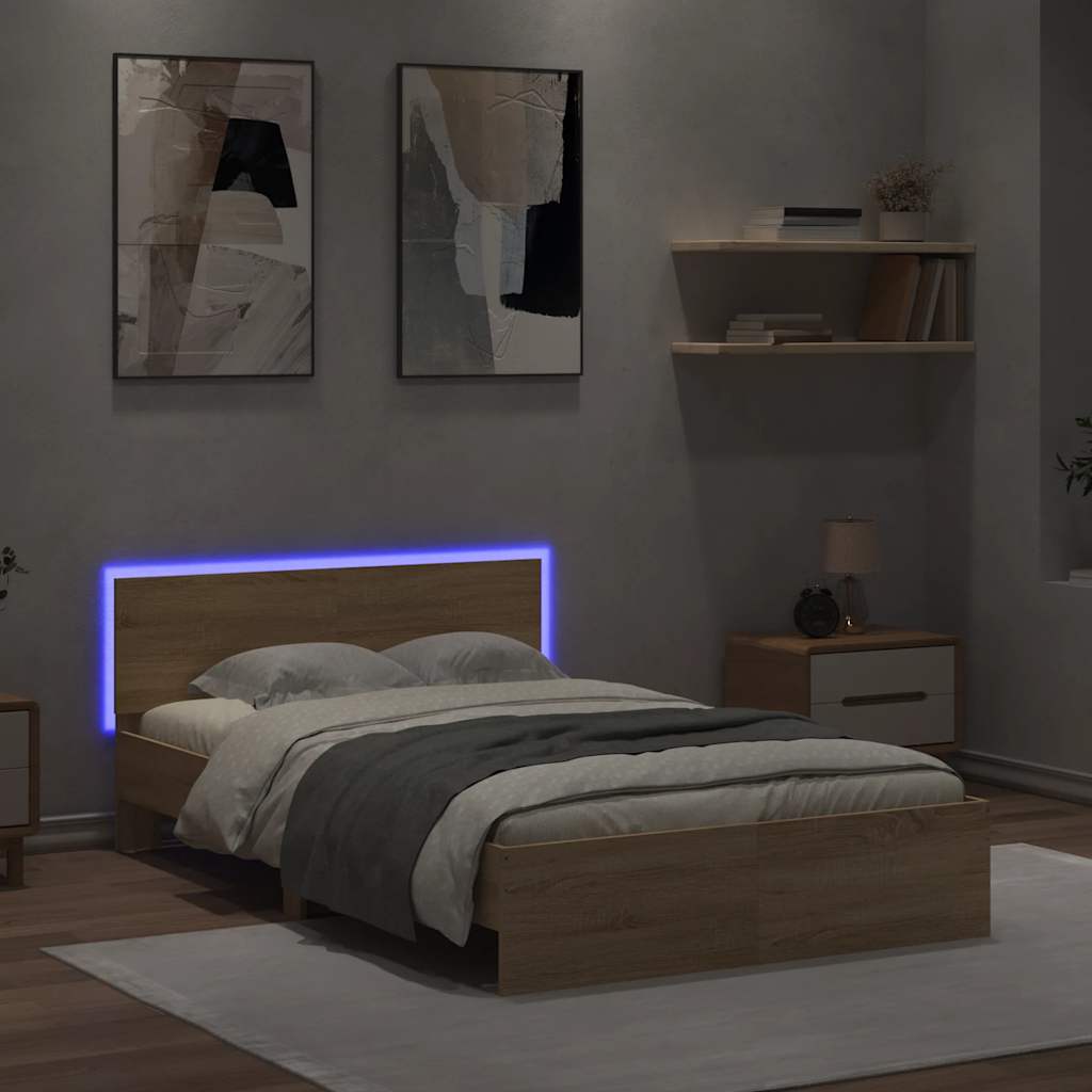 sonoma tölgy színű ágykeret fejtámlával és LED-del 135x190 cm