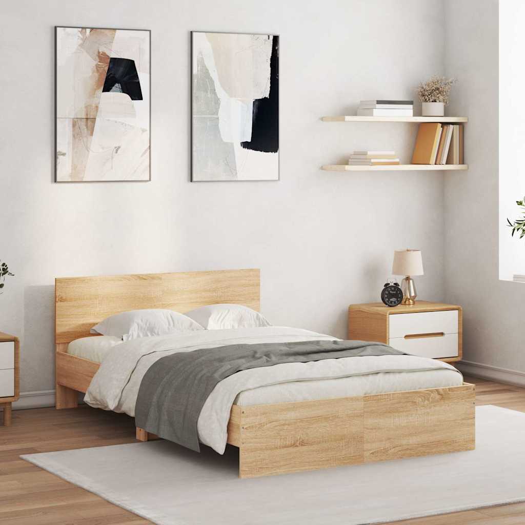sonoma tölgy színű ágykeret fejtámlával és LED-del 135x190 cm