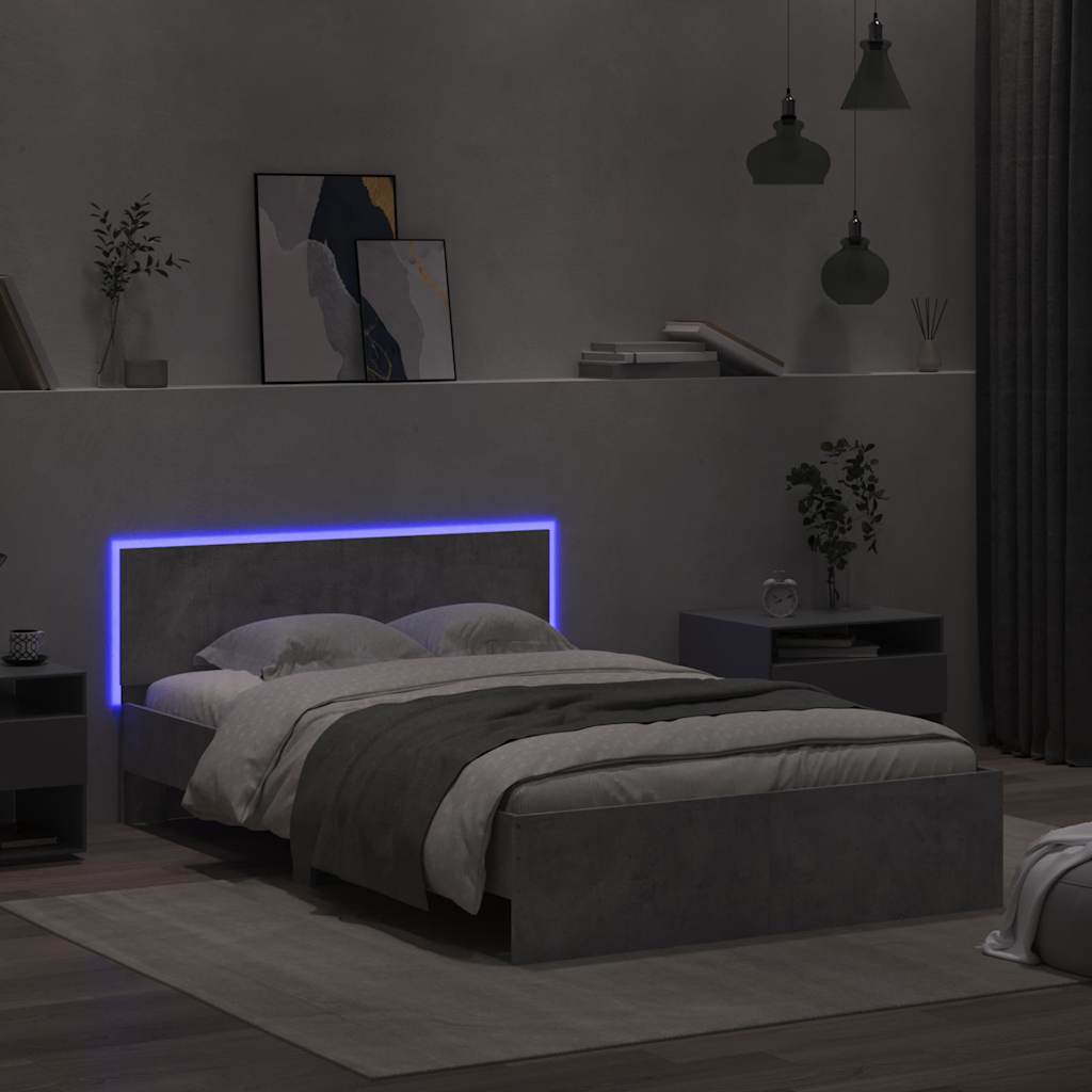 betonszürke ágykeret fejtámlával és LED-del 135x190 cm
