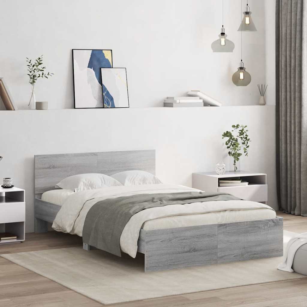 szürke sonoma színű ágykeret fejtámlával és LED-del 135x190 cm