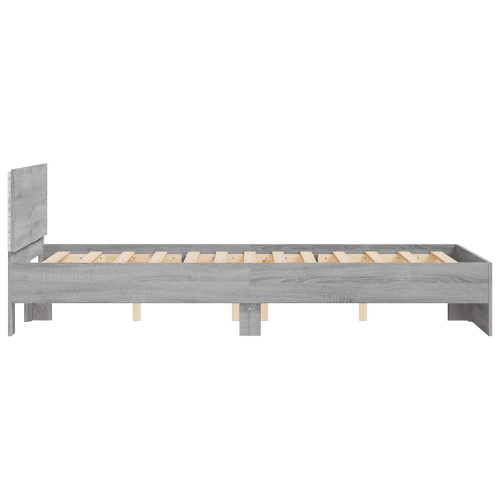 szürke sonoma színű ágykeret fejtámlával és LED-del 135x190 cm