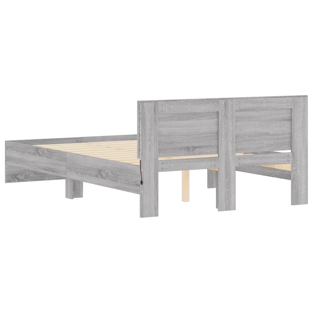 szürke sonoma színű ágykeret fejtámlával és LED-del 135x190 cm