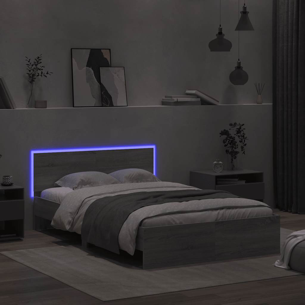 szürke sonoma színű ágykeret fejtámlával és LED-del 120x190 cm