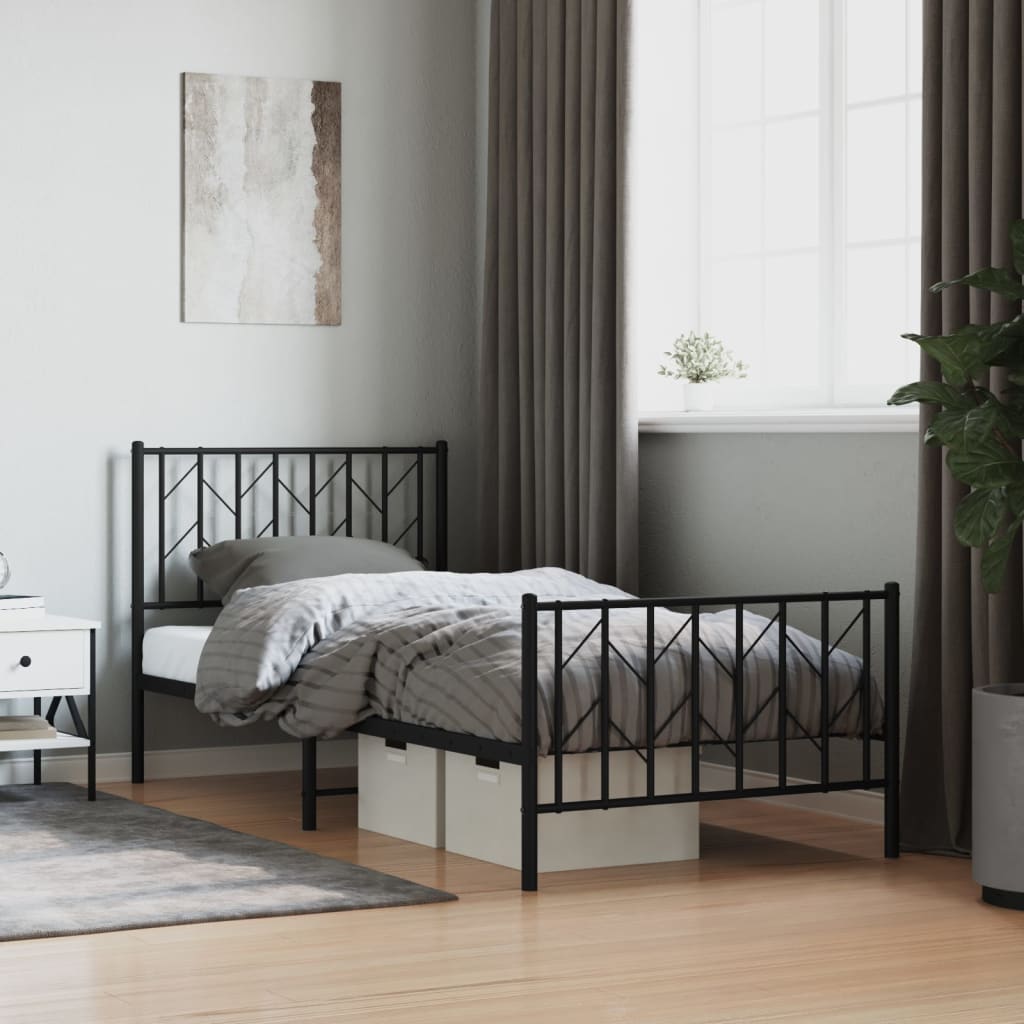 fekete fém ágykeret fej- és lábtámlával 90 x 200 cm