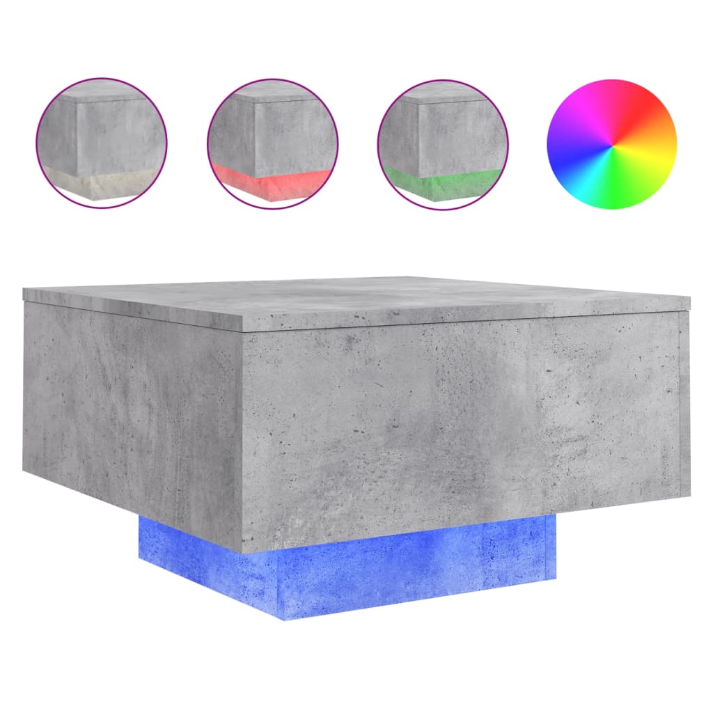 betonszürke dohányzóasztal LED-lámpákkal 55 x 55 x 31 cm