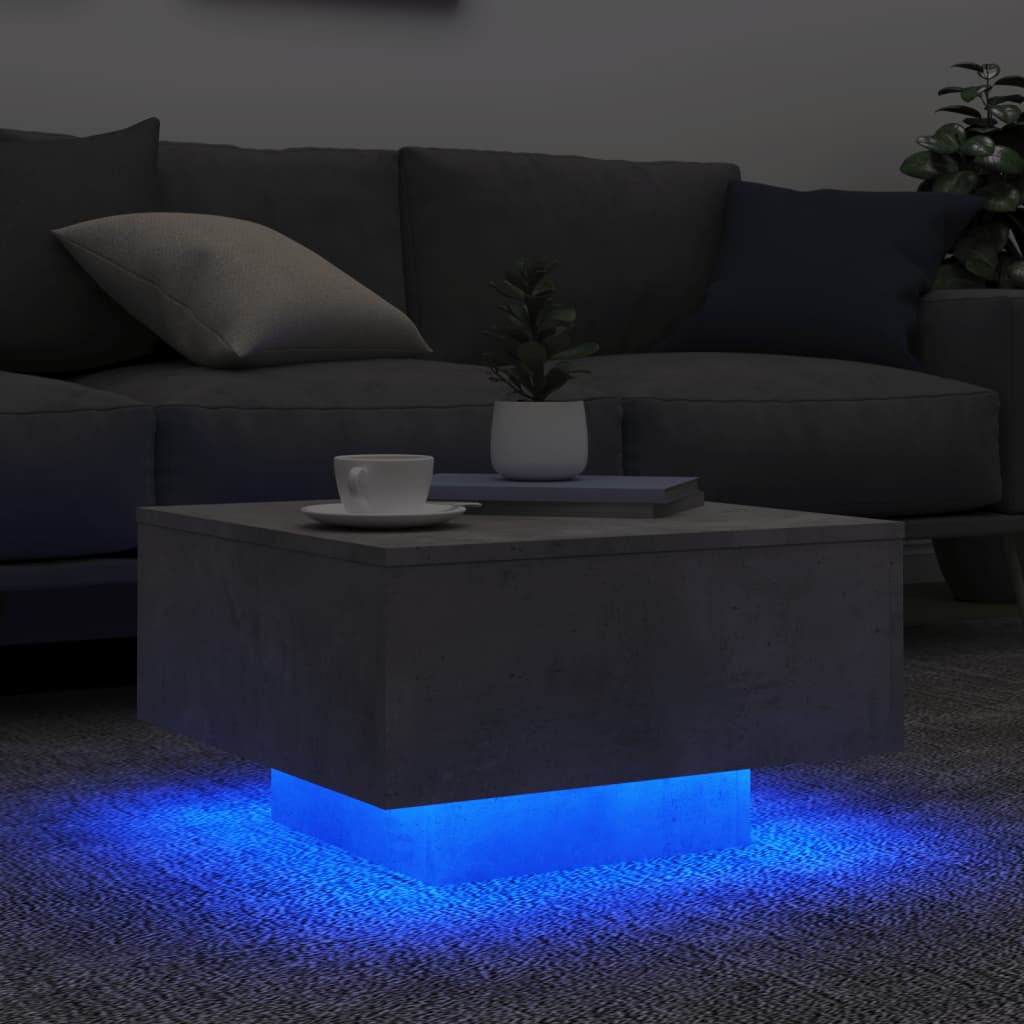 betonszürke dohányzóasztal LED-lámpákkal 55 x 55 x 31 cm