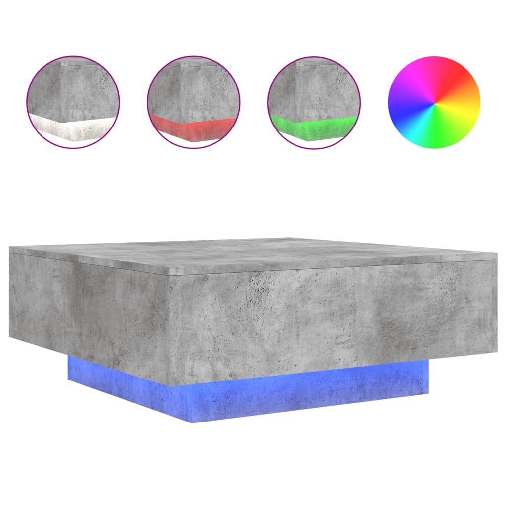 betonszürke dohányzóasztal LED-lámpákkal 80 x 8 0x 31 cm