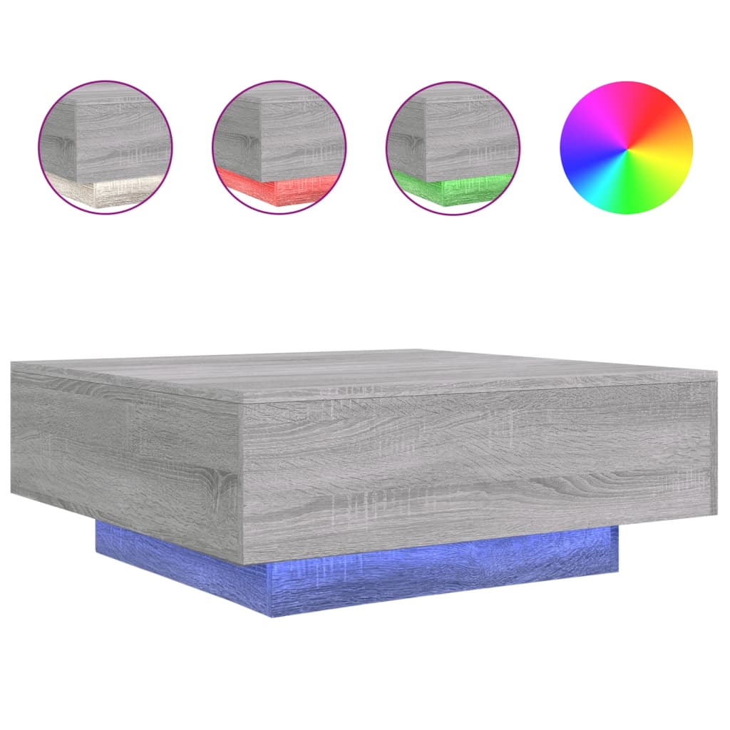szürke sonoma színű dohányzóasztal LED-lámpákkal 80x80x31 cm