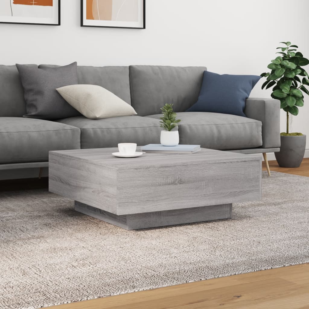 szürke sonoma színű dohányzóasztal LED-lámpákkal 80x80x31 cm