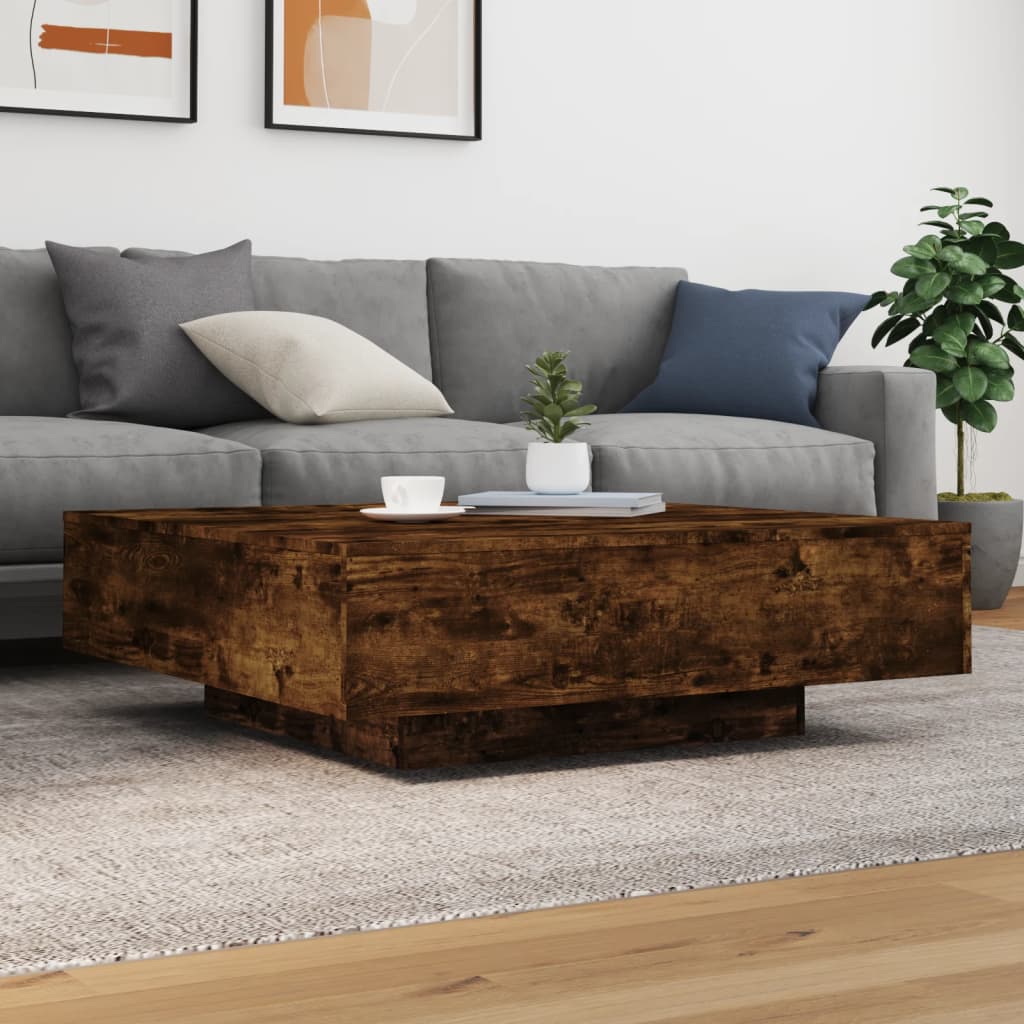 füstös tölgy színű szerelt fa dohányzóasztal 100 x 100 x 31 cm