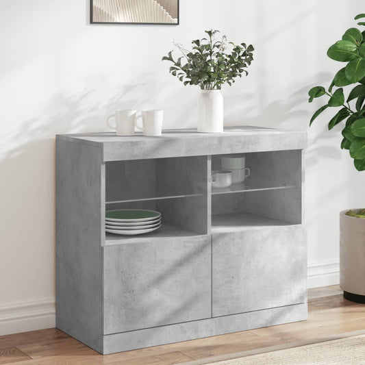 betonszürke tálalószekrény LED-világítással 81 x 37 x 67 cm
