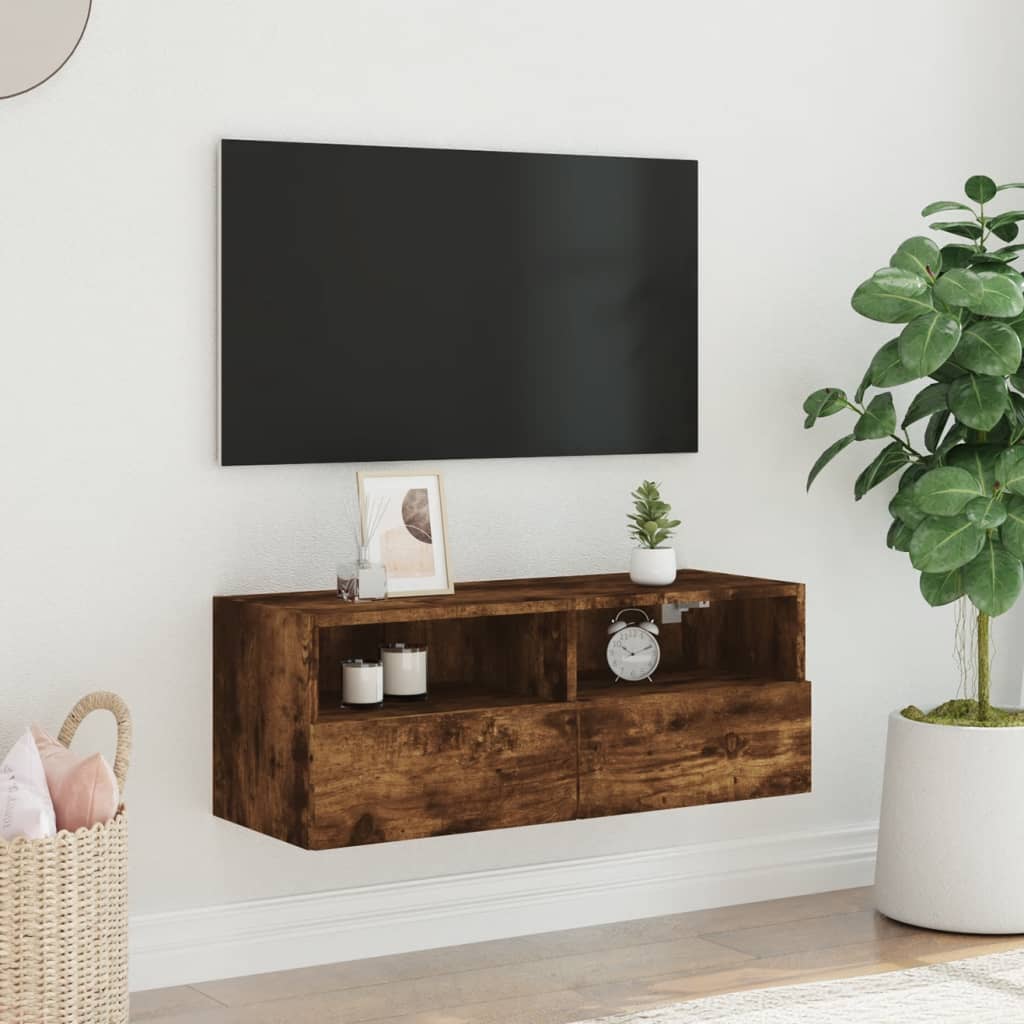 füstös tölgy színű szerelt fa fali TV-szekrény 80 x 30 x 30 cm