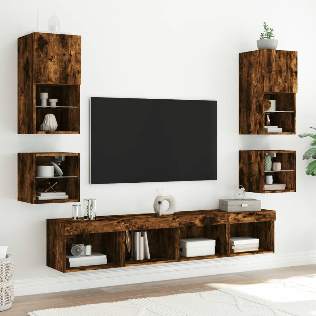 2 db füstös tölgy fali TV-szekrény LED-ekkel 30 x 28,5 x 30 cm