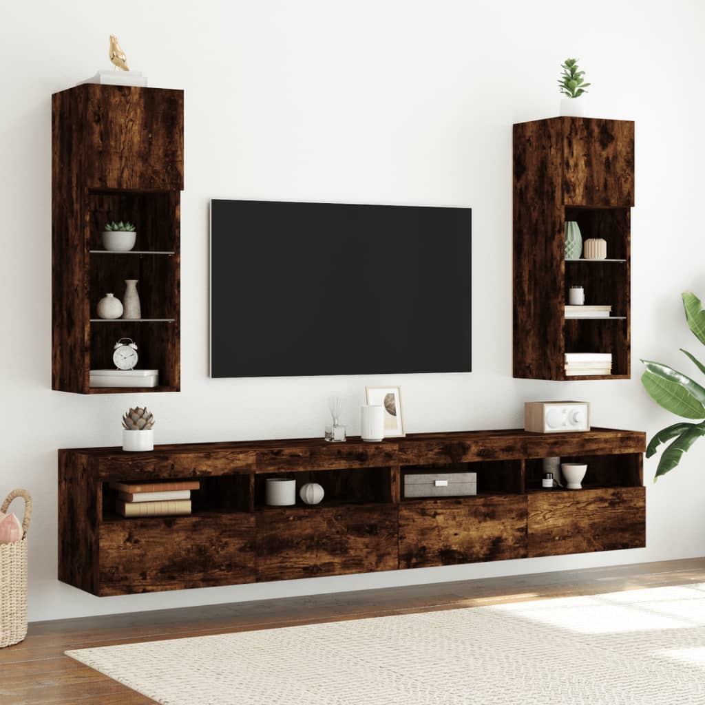 füstös tölgy színű TV-szekrény LED-világítással 30,5x30x90 cm