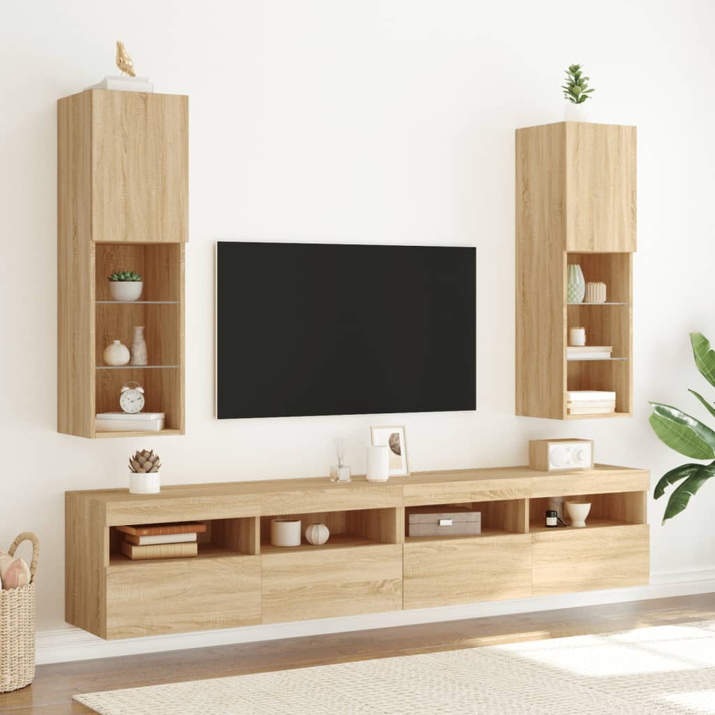 2 db sonoma tölgy színű TV-szekrény LED-ekkel 30,5x30x102 cm