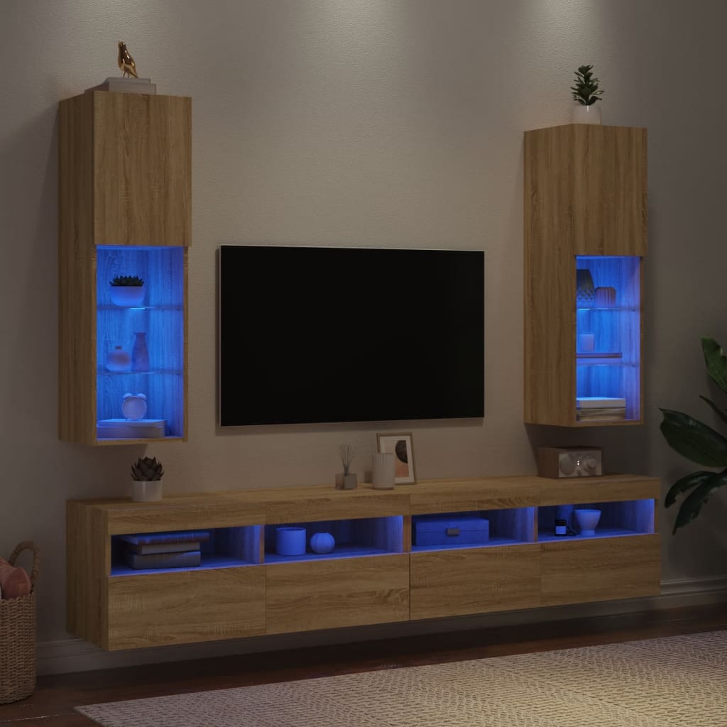 2 db sonoma tölgy színű TV-szekrény LED-ekkel 30,5x30x102 cm
