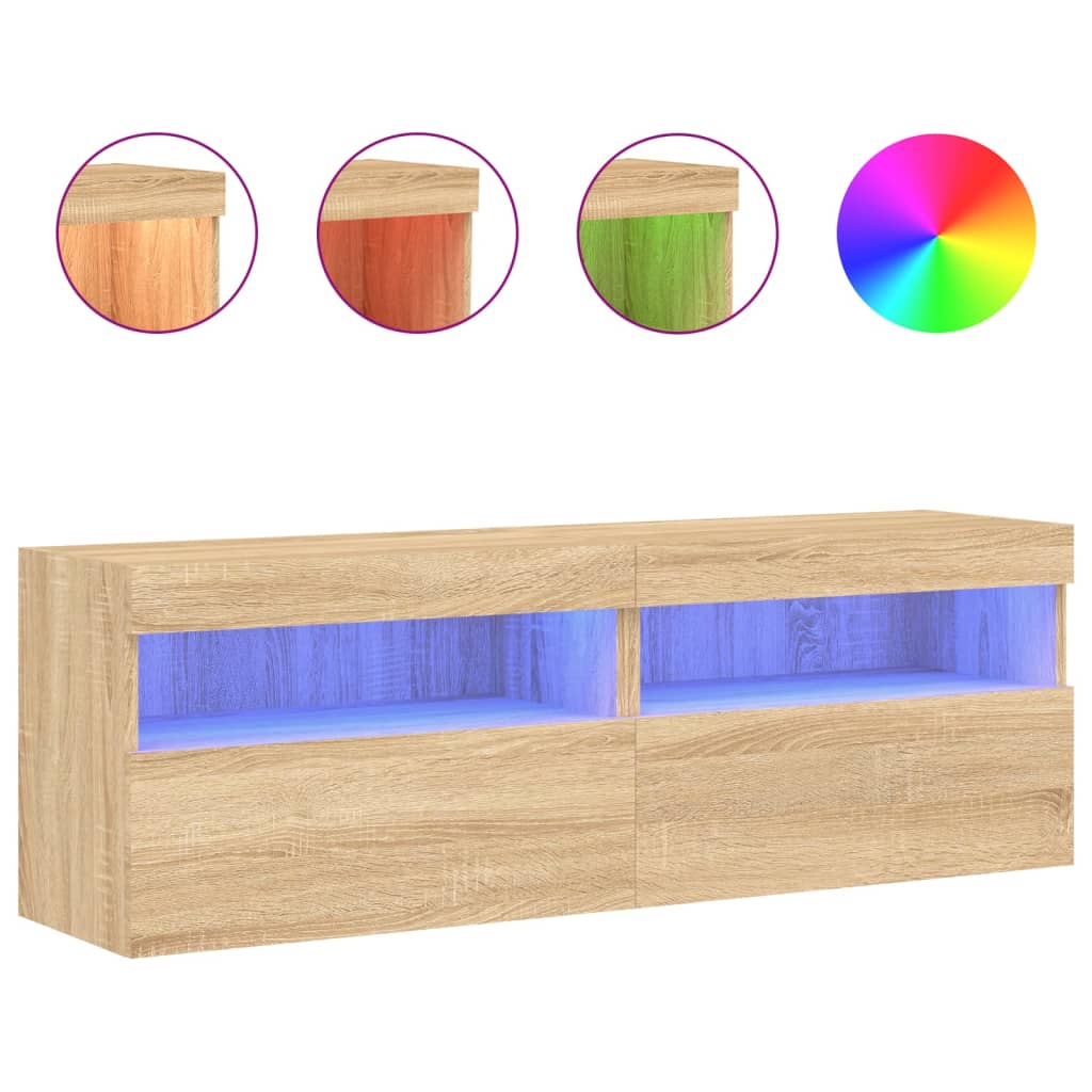2 db sonoma tölgy színű fali TV-szekrény LED-del 60x30x40 cm