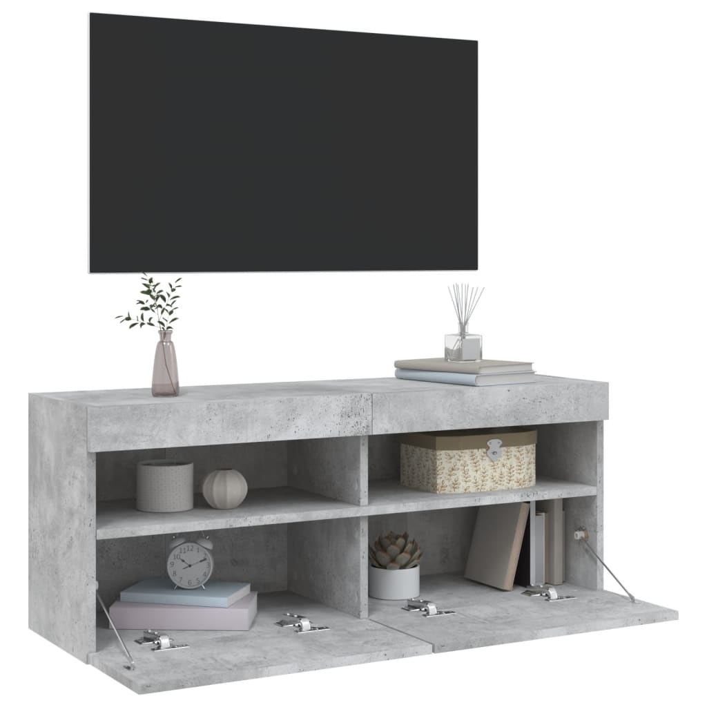 betonszürke falra szerelhető TV-szekrény LED-del 100x30x40 cm