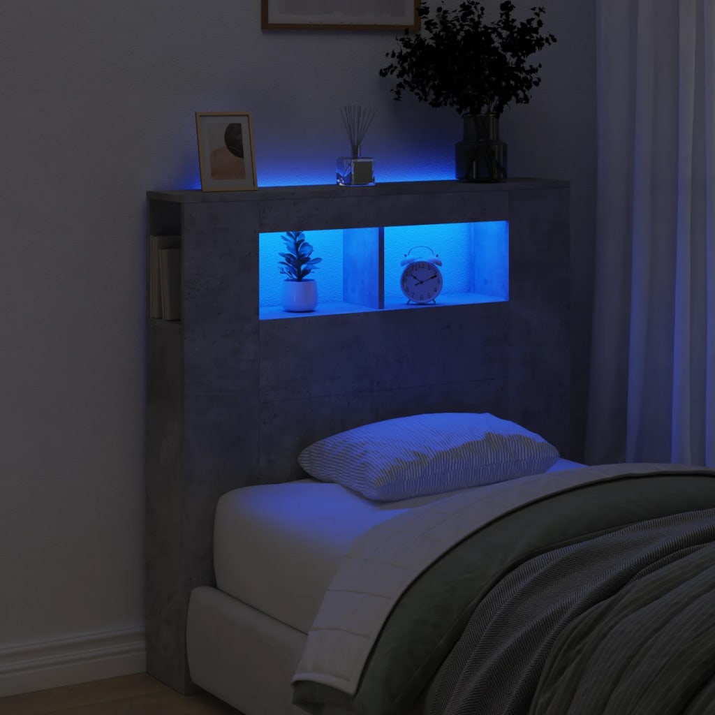 betonszürke szerelt fa LED-es fejtámla 100x18,5x103,5 cm
