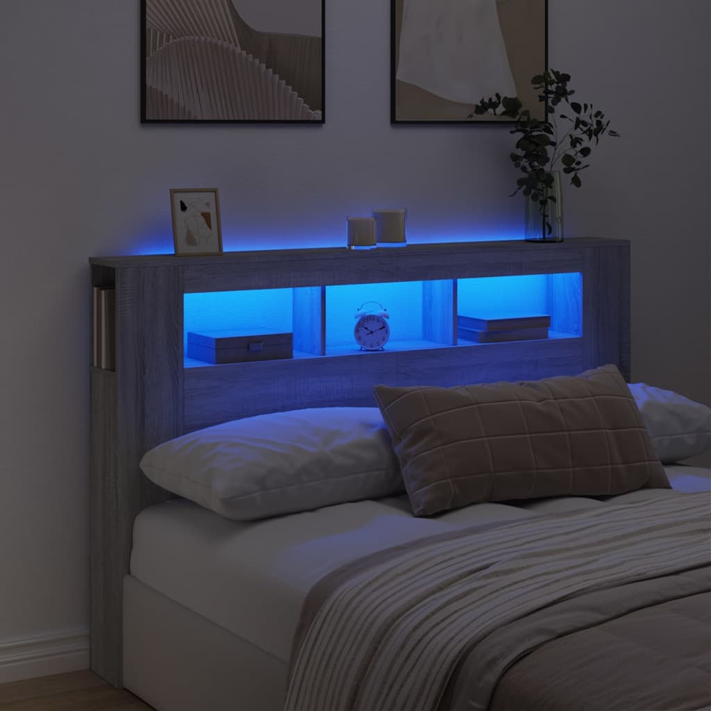 szürke sonoma szerelt fa LED-es fejtámla 160x18,5x103,5 cm