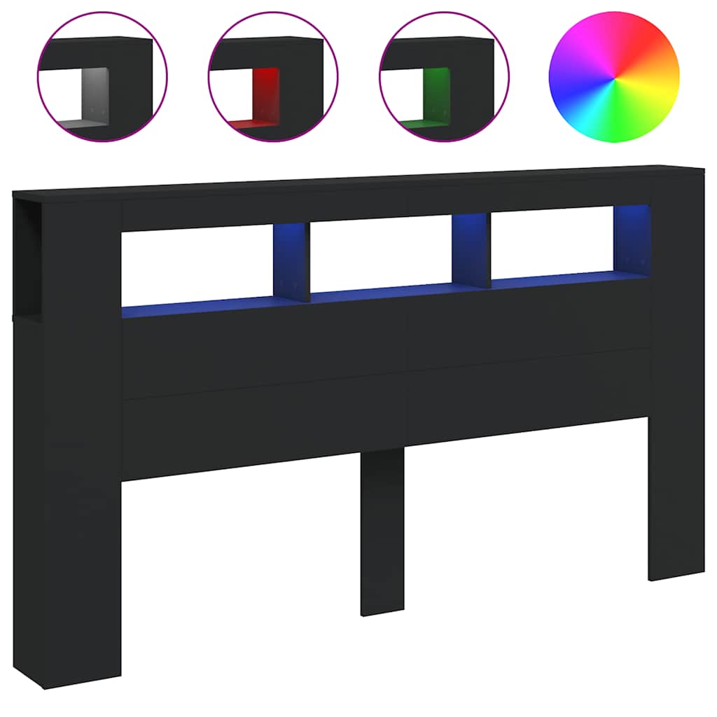 fekete szerelt fa LED-es fejtámla 180x18,5x103,5 cm