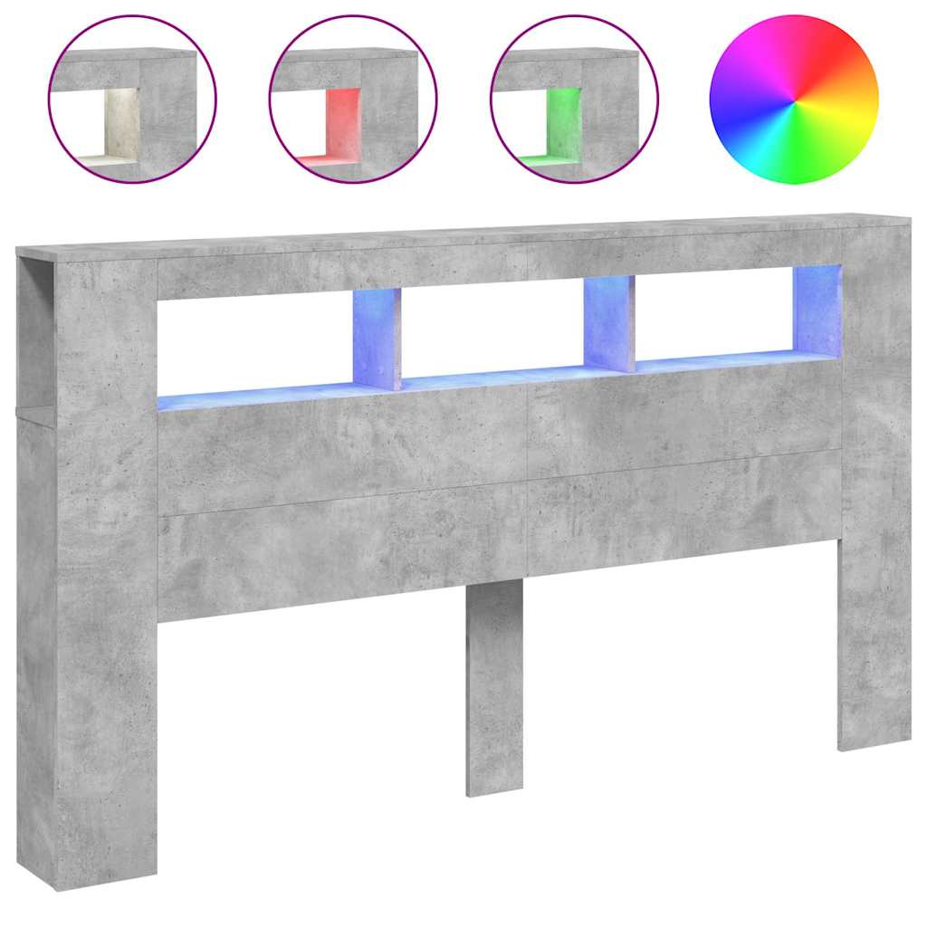 betonszürke szerelt fa LED-es fejtámla 180x18,5x103,5 cm