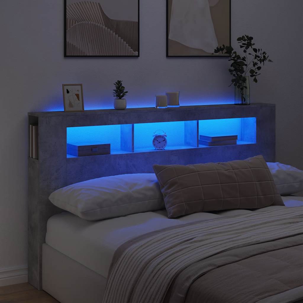 betonszürke szerelt fa LED-es fejtámla 180x18,5x103,5 cm