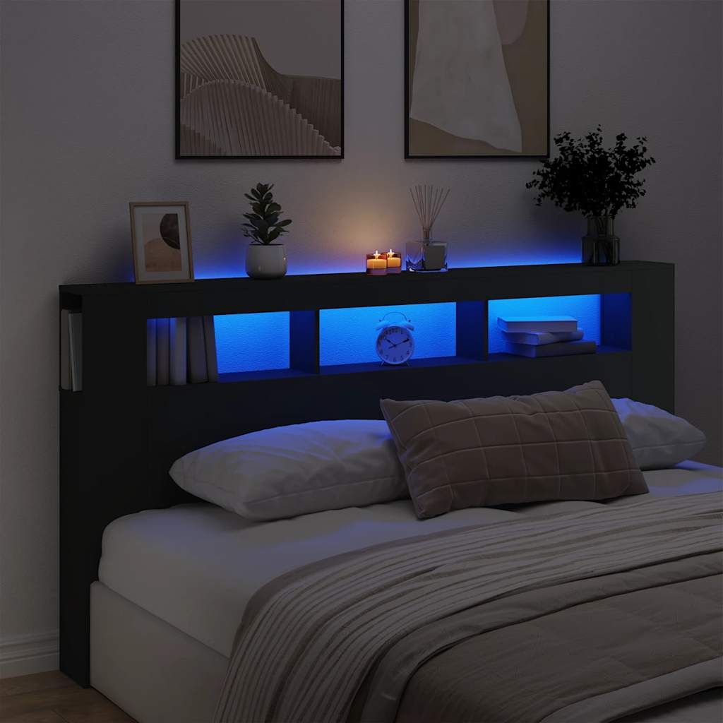 fekete szerelt fa LED-es fejtámla 200 x 18,5 x 103,5 cm