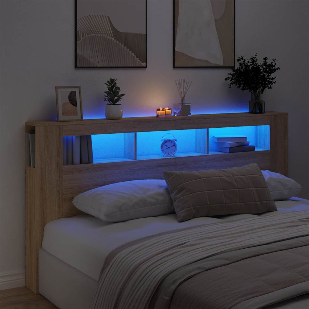 sonoma tölgy színű szerelt fa LED-es fejtámla 200x18,5x103,5 cm