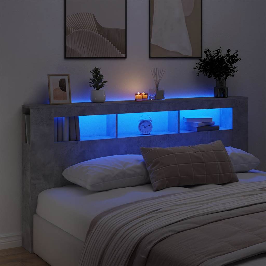 betonszürke szerelt fa LED-es fejtámla 200 x 18,5 x 103,5 cm