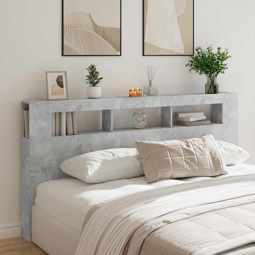 betonszürke szerelt fa LED-es fejtámla 200 x 18,5 x 103,5 cm