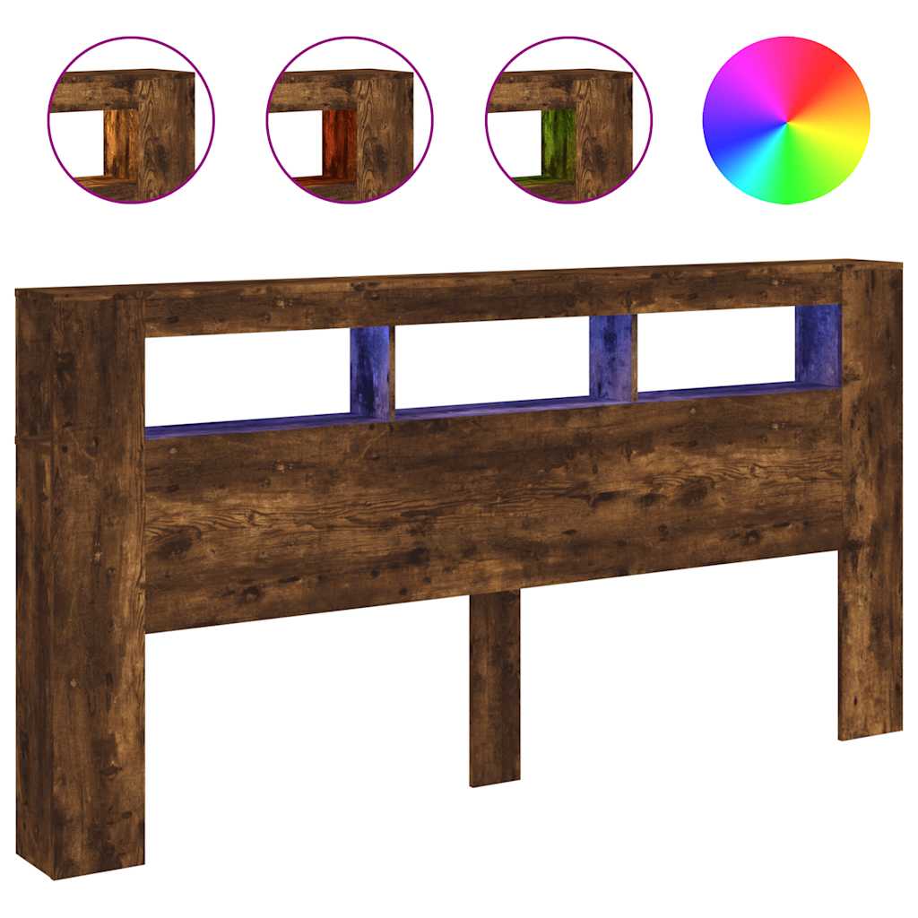füstös tölgy színű szerelt fa LED-es fejtámla 200x18,5x103,5 cm
