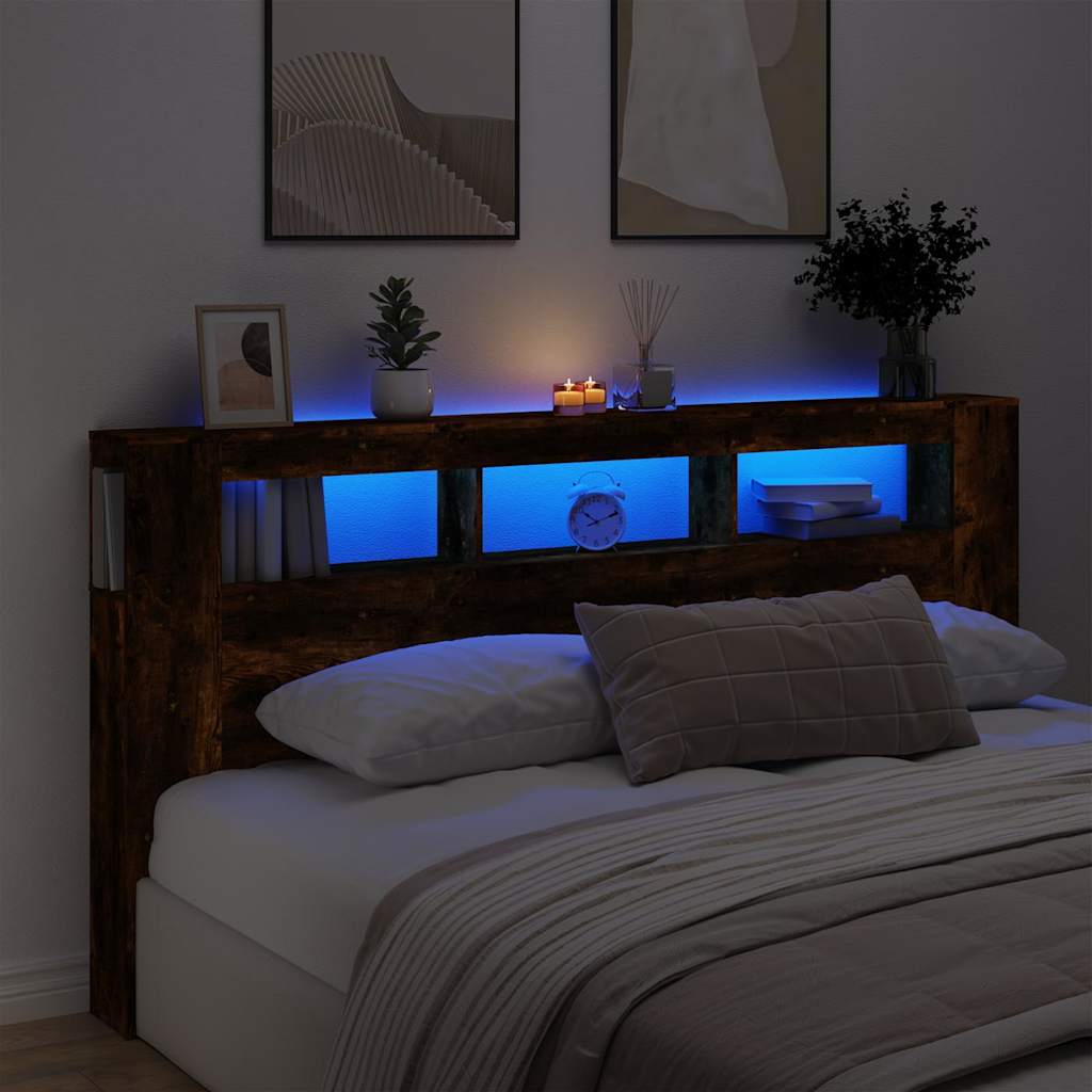 füstös tölgy színű szerelt fa LED-es fejtámla 200x18,5x103,5 cm