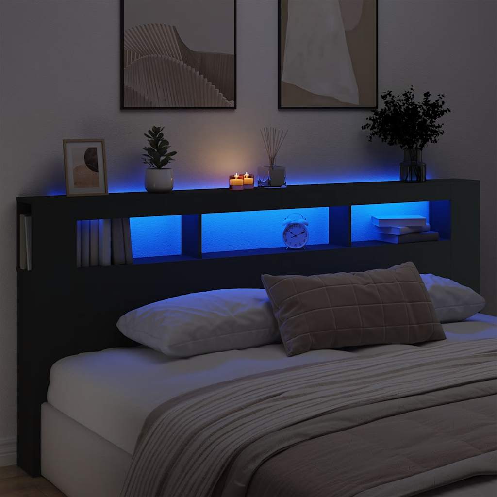 fekete szerelt fa LED-es fejtámla 220x18,5x103,5 cm
