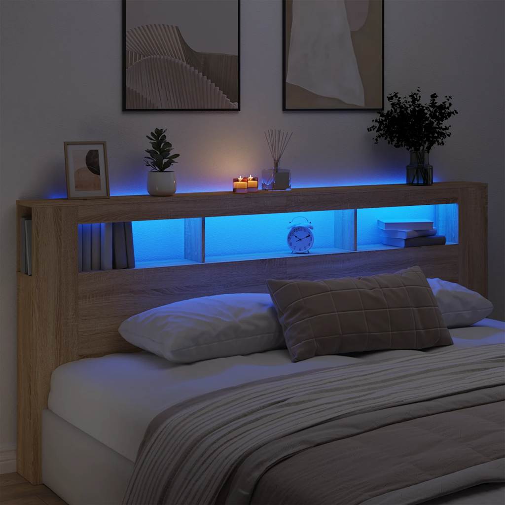 sonoma tölgy színű szerelt fa LED-es fejtámla 220x18,5x103,5 cm