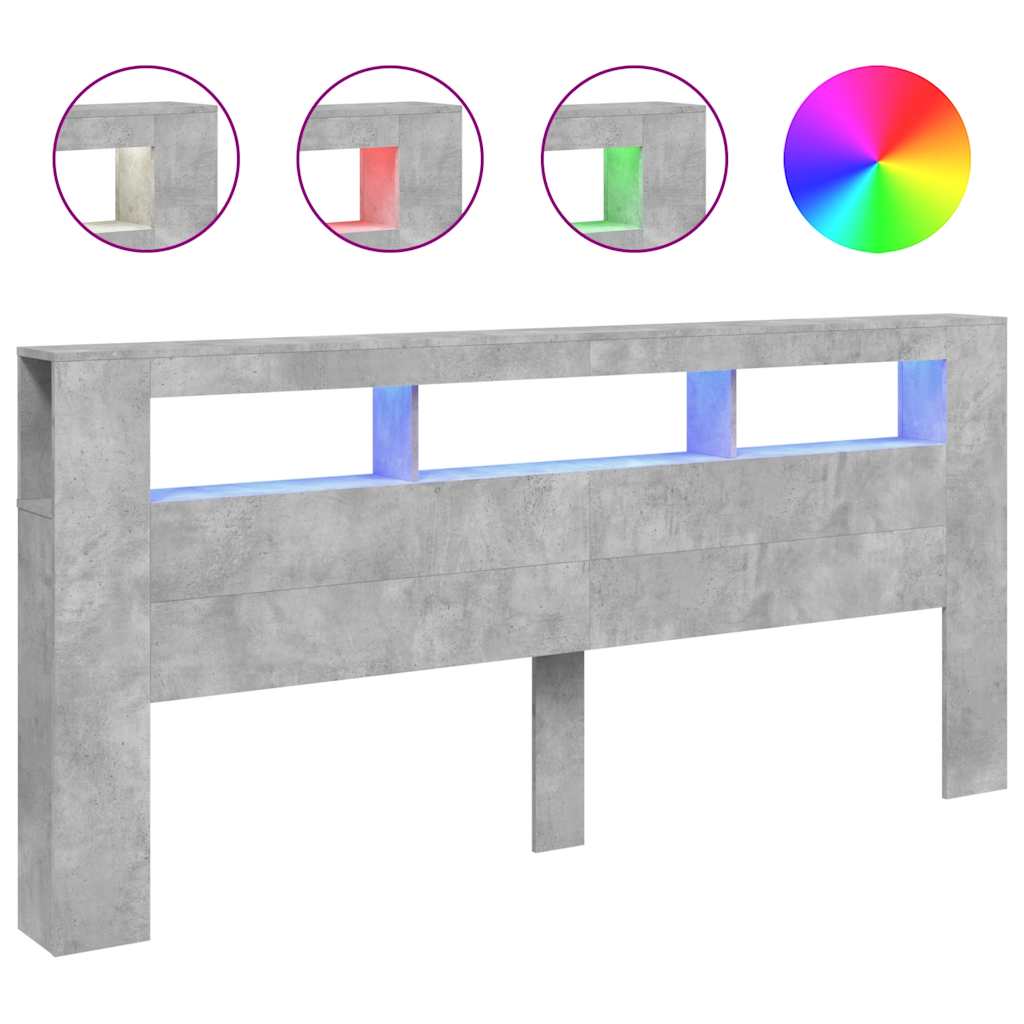 betonszürke szerelt fa LED-es fejtámla 220x18,5x103,5 cm